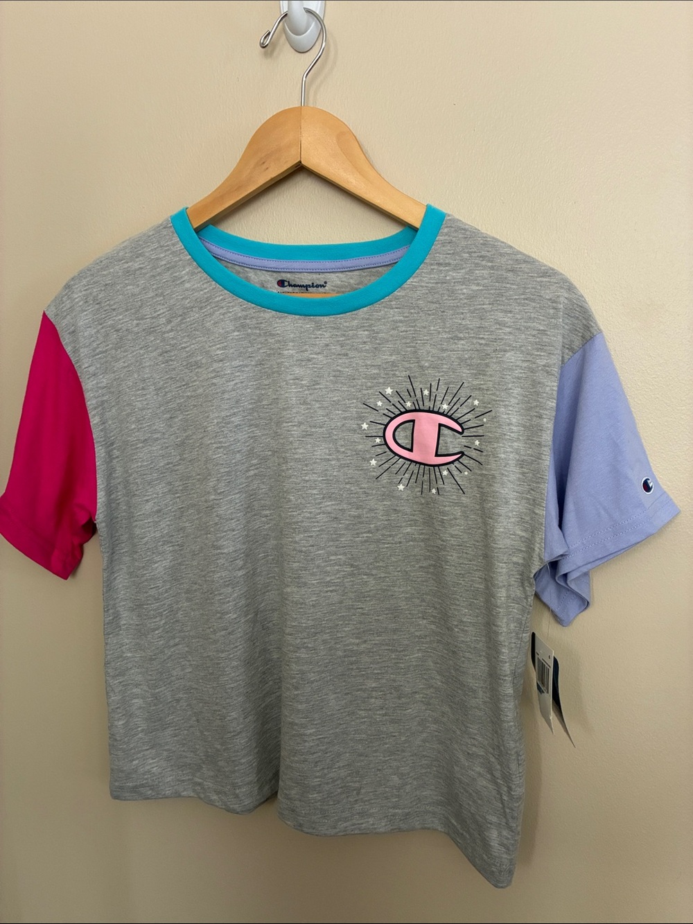 Champion Gray Colorblock Tee with Pink & Lavender Sleeves and Teal Neck Girls XL
